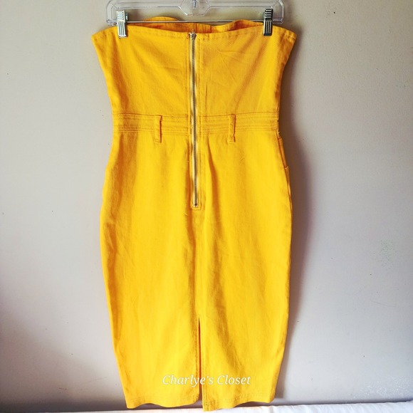 Yellow Denim Strapless Corset Midi Dress Sz. L | Y2K Stretch Denim Revival‎ - Picture 4 of 11